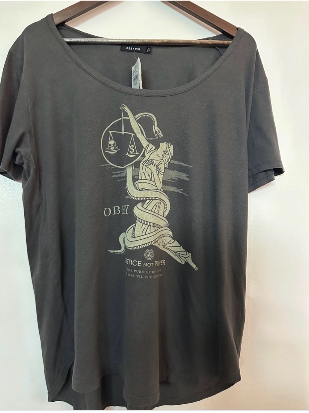 Obey Women's Olive Gray Scoop Neck Tee with Justice Graphic